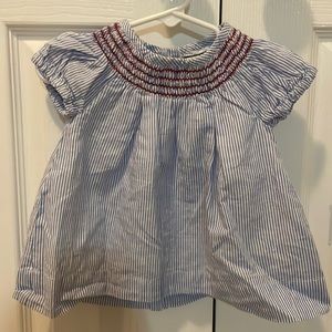 Hatley blue and white striped dress with red smocking.